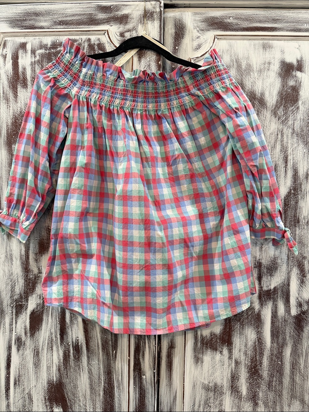 kate spade Pastel Plaid Off-Shoulder Blouse in Pink, Light Blue & White